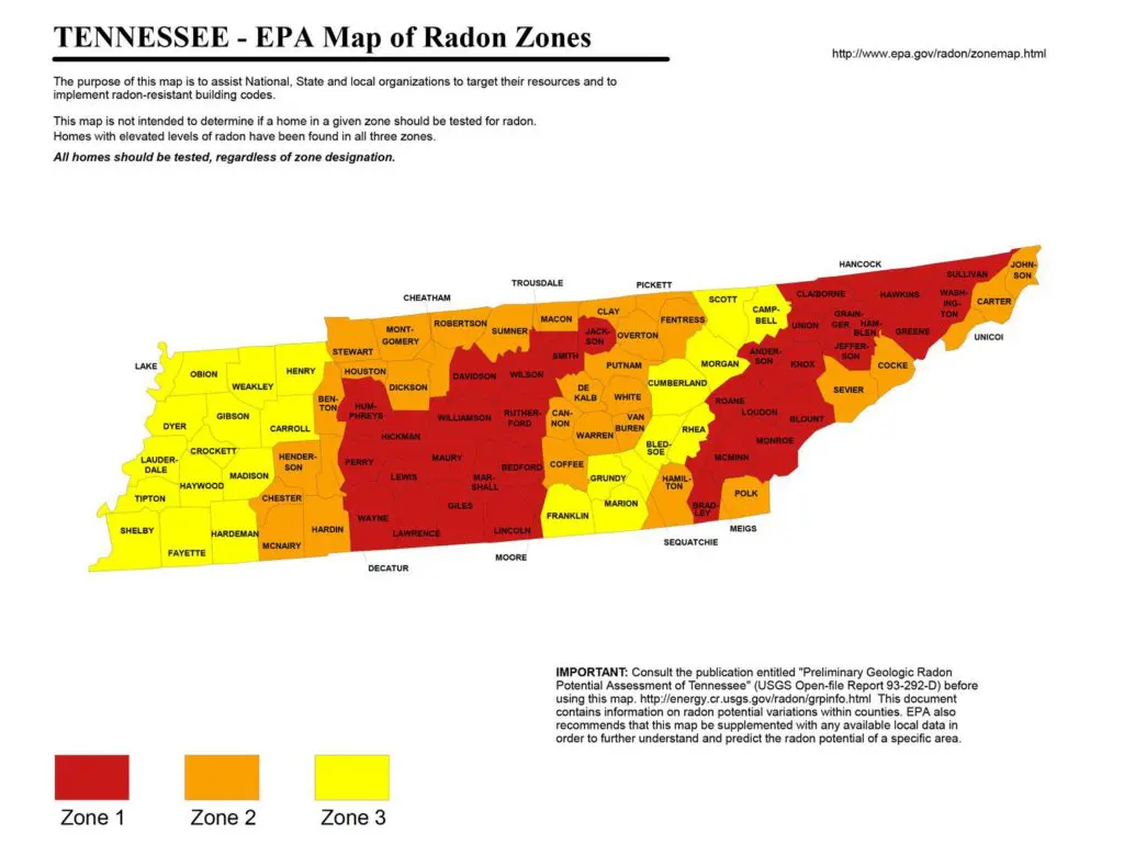 Radon Zone Map of Tennessee