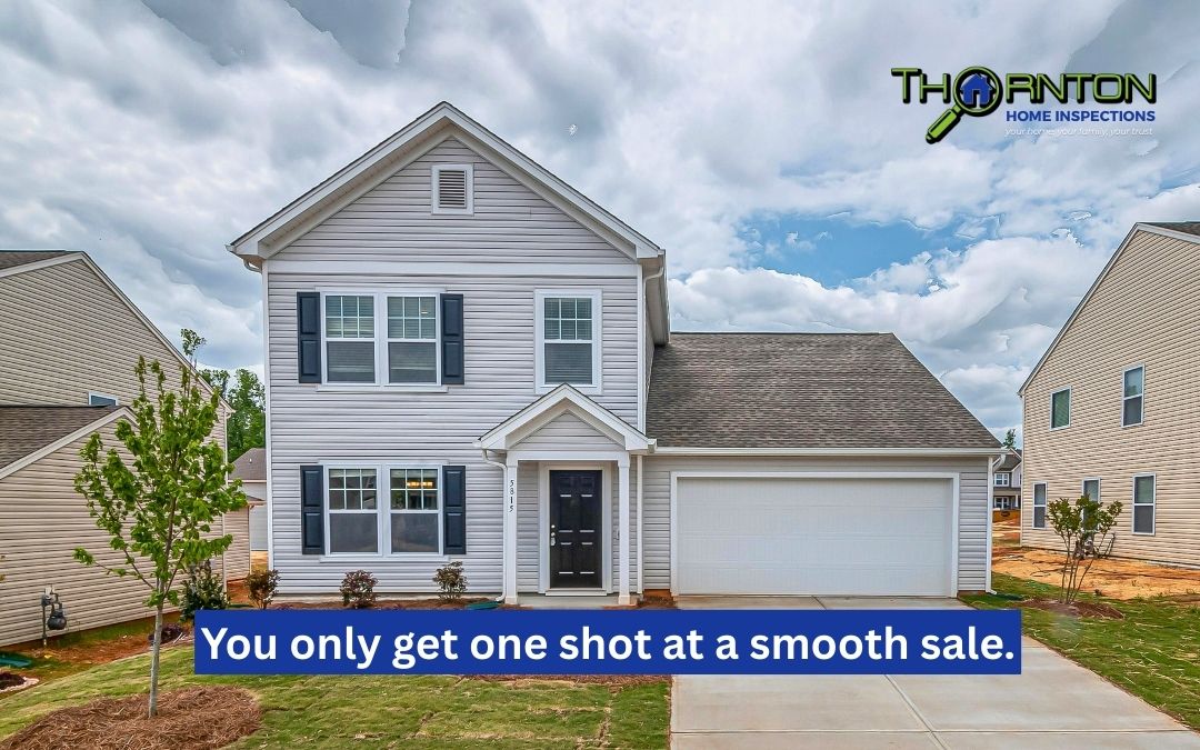 Modern two-story suburban home with clean siding and attached garage, branded with Thornton Home Inspections logo and the message: ‘You only get one shot at a smooth sale.’”