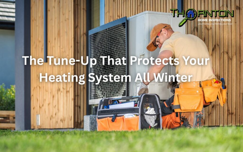 Technician servicing an HVAC system with text that reads “The Tune-Up That Protects Your Heating System All Winter,” supporting the tune-up section.